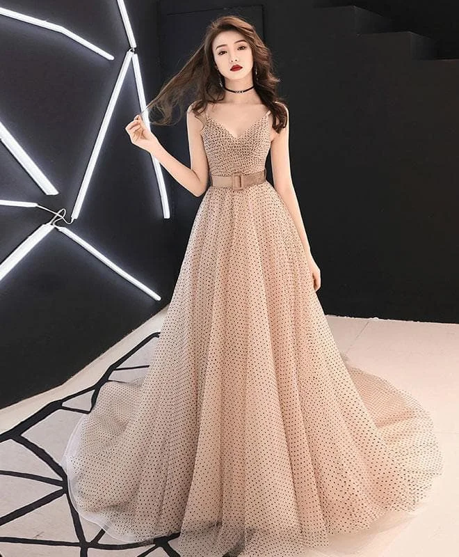 Champagne Sweetheart Tulle Long Prom Dress, Champagne Tulle Evening Dress SP16036
