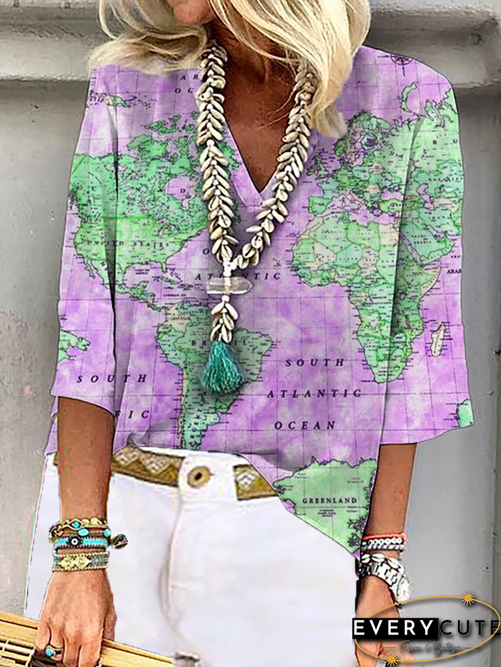 Plus size Map Printed Casual Tops