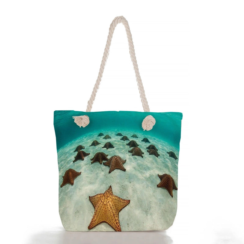 Women’s Medium Linen Starfish Beach Shell Beach Classic Style Square Zipper Tote Bag Beach Bag