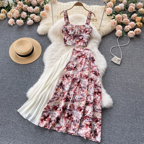 Dubeyi Summer Bohemian Women Two Piece Set Sexy Strapless Camis Tops + High Waist Patchwork Pleated Skirt Female Vacation Beach Suit
