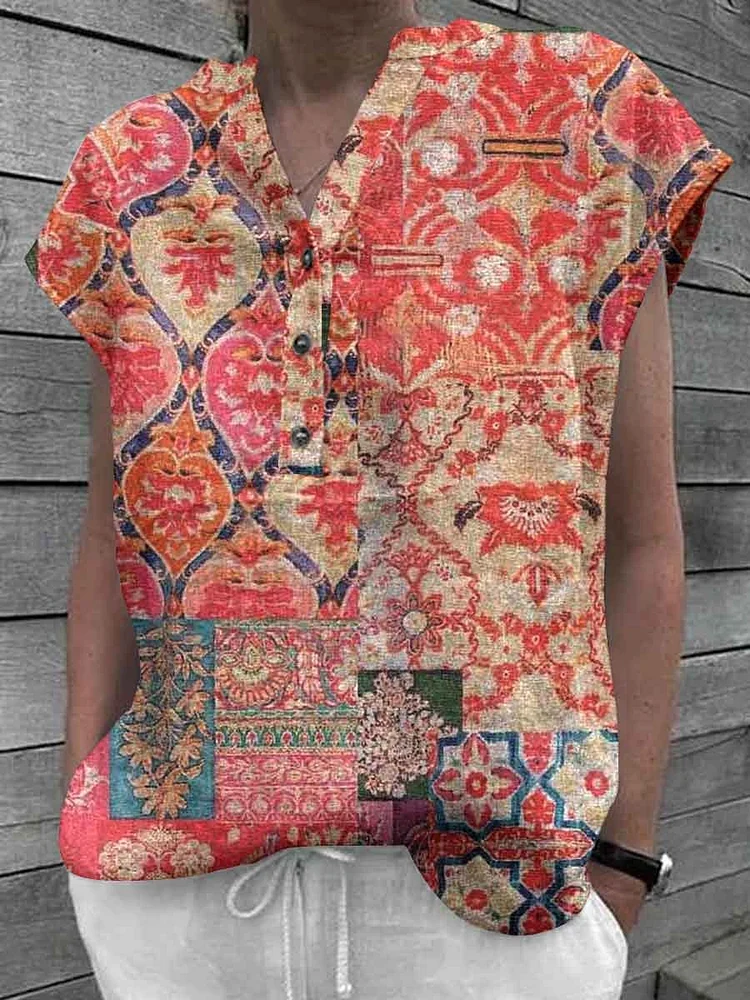 Women's Classic Kantha Vintage Floral Pattern Cotton and Linen Top
