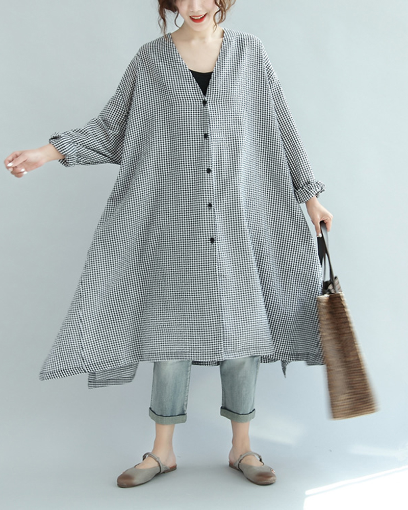 Side Split Checkered Asymmetric Hem Loose Long Sleeve Midi Dress