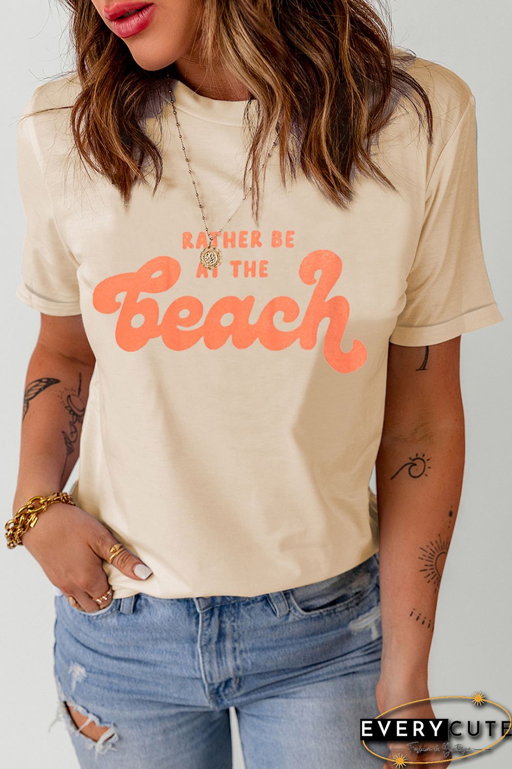 Khaki RATHER BE AT THE BEACH Letters Crew Neck Tee