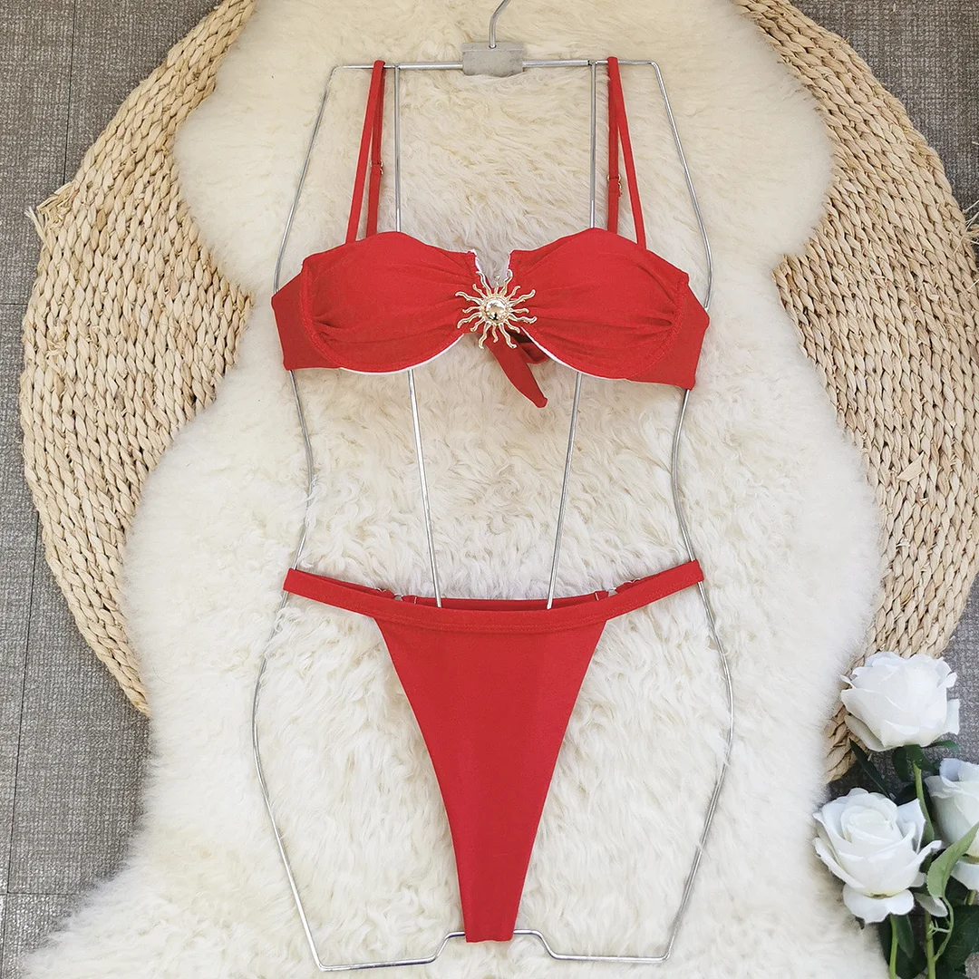 Uveng Three-Point Solid-Color Bikini Sexy Split Swimsuit Women With Adjustable Low-Waist Triangle Bikini