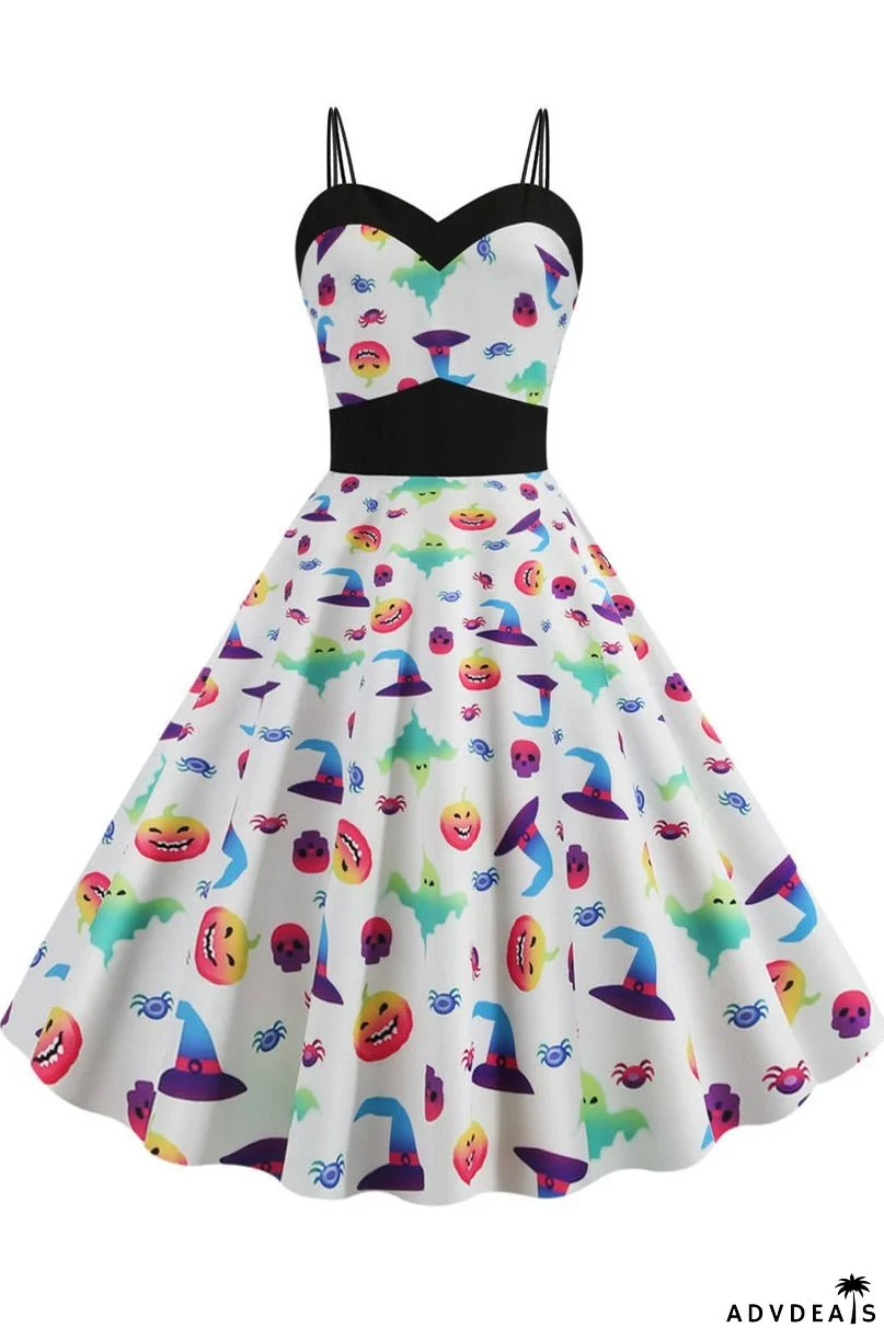 Halloween Pumpkin Print Spaghetti Straps Dress