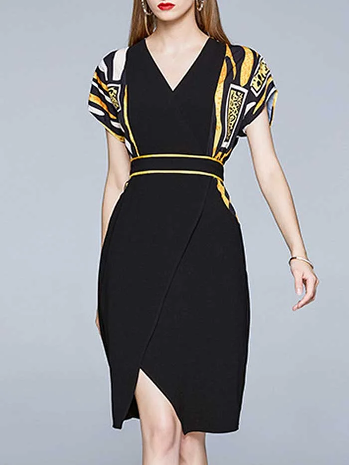 Fashion V-neck Printed Short Sleeve Slim Slit Retro Printed Dress