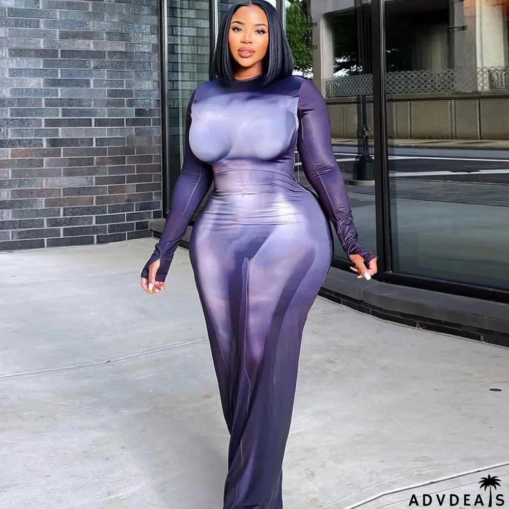 Fashion Casual Round Neck Slim Print Long Sleeve Bodycon Dress
