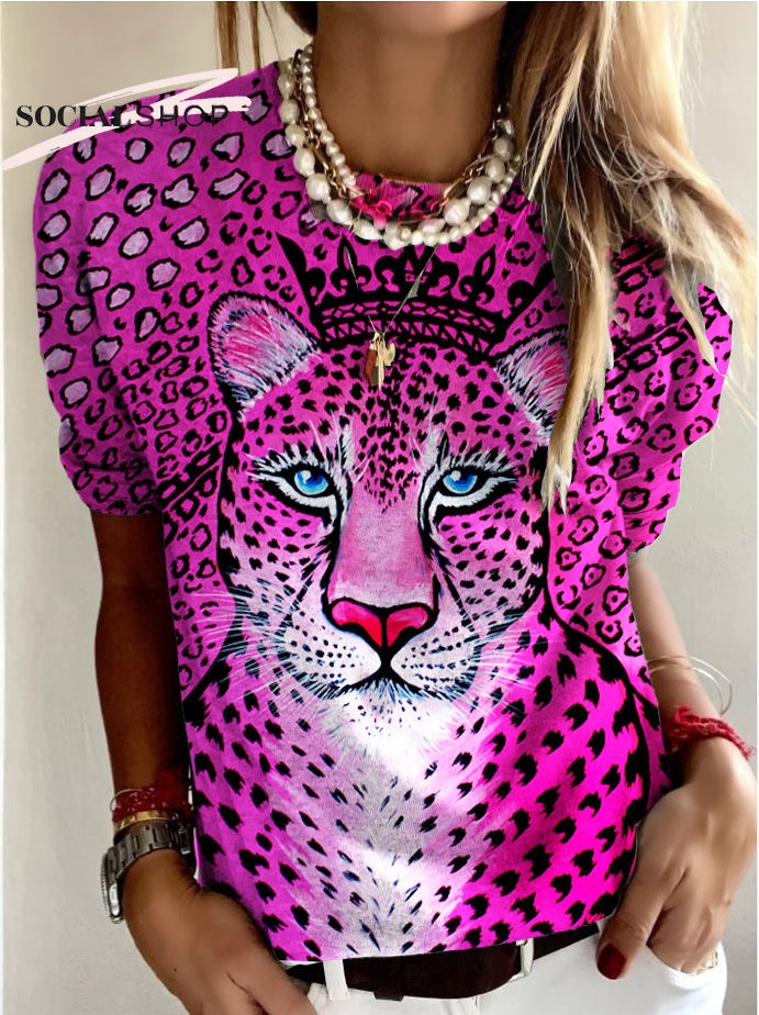 Pink Queen Cheetah Design Round Neck Long Sleeve Top socialshop