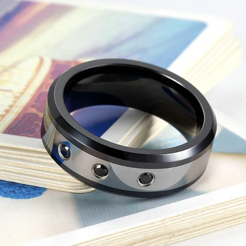 8MM Women's Or Men's Silver Tungsten Carbide Rings Black Polished Beveled Edge Zircon Inlay