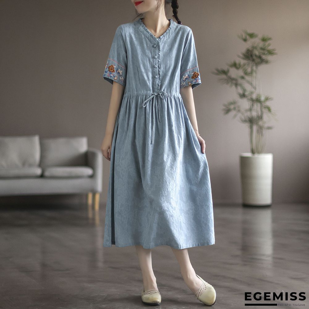 Cotton Embroidered Short Sleeve Dress Feminine Loose Knee-length Dress | EGEMISS