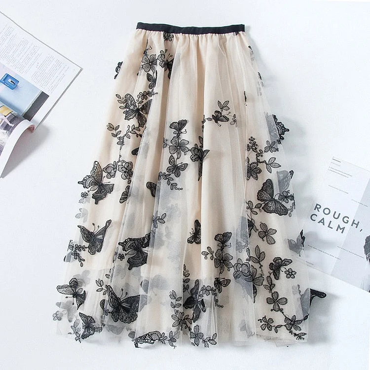 Elegant Floral Tulle Pleated Midi Skirt