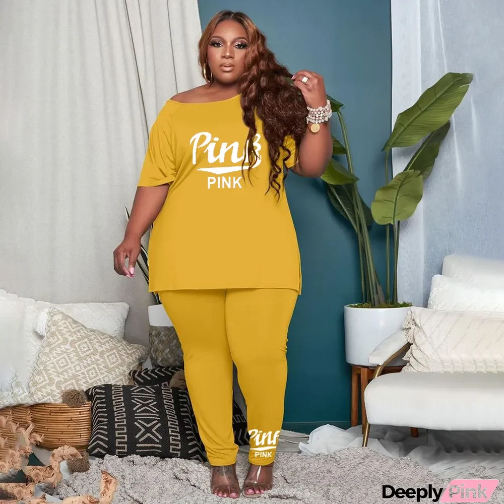 Plus Size Pink Letter Print Two Piece Pants Set