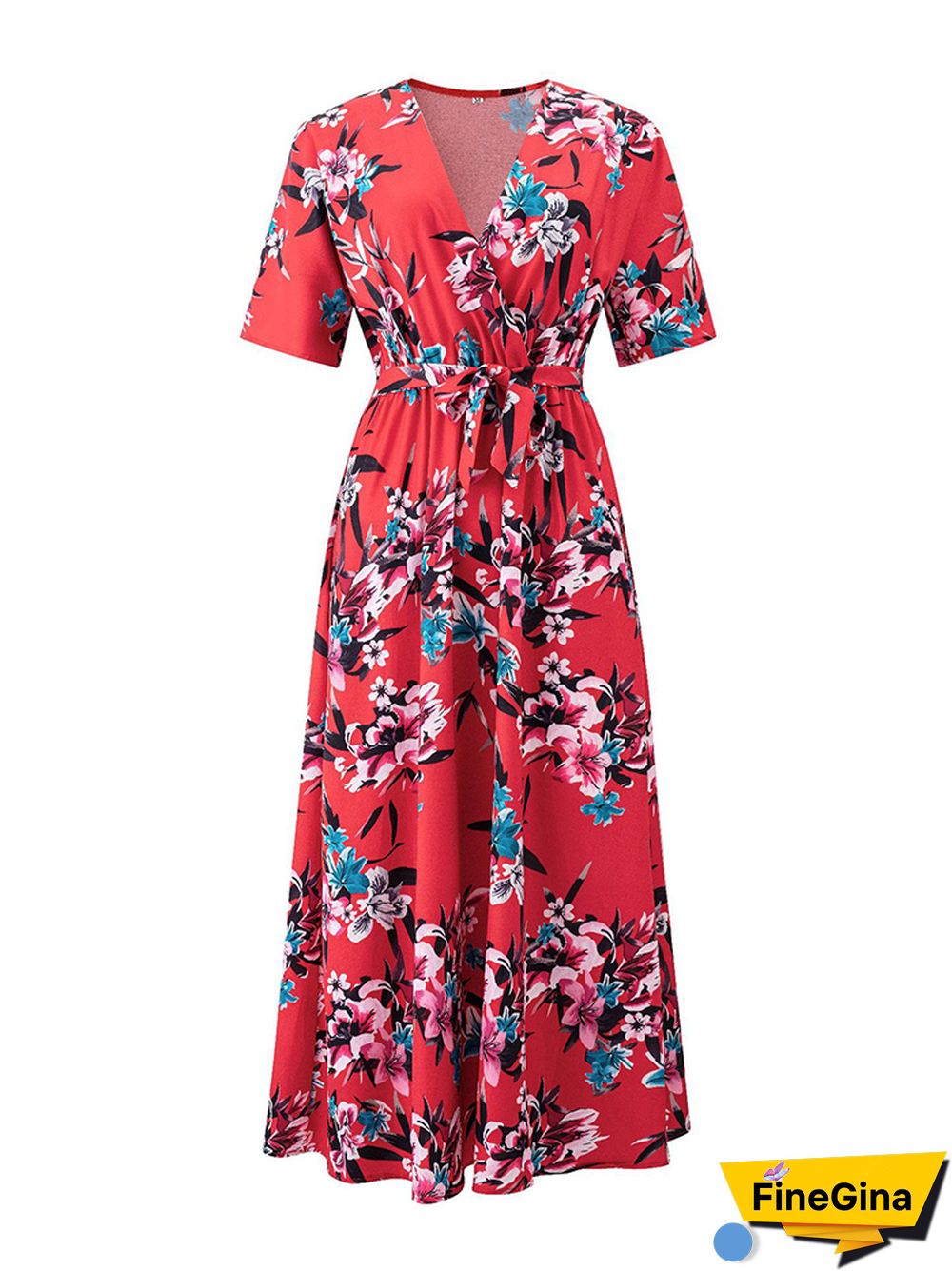 Women Casual Dress Summer Floral Print Red Maxi Dress Fashion V-neck Short Sleeve Elegant Lace Up Beach Party Dresses For Femme