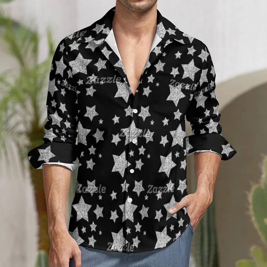 Silver Glitter Sparkles Stars Black Men's Casual Button Down Pocket Shirt Black-6Xl