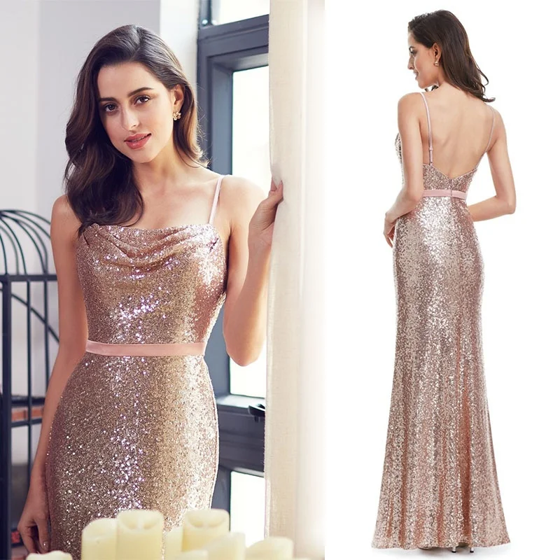 Elegant Spaghetti-Starps Sequins Prom Dress Long Evening Party Gowns - lulusllly