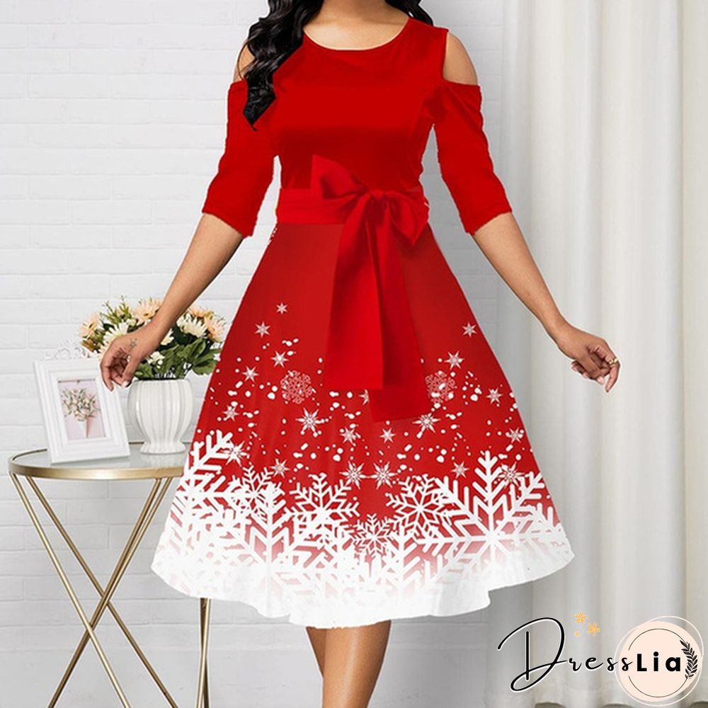 Women Fashion Belted Snowflake Print Christmas Dress Cold Shoulder Round Neck Party Dress Plus Size A-Line Dresses