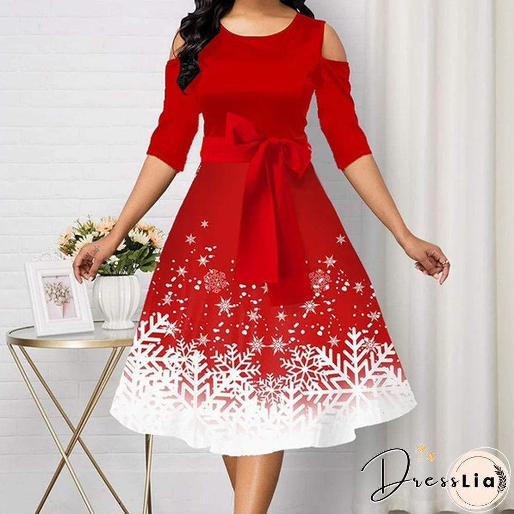 Women Fashion Belted Snowflake Print Christmas Dress Cold Shoulder Round Neck Party Dress Plus Size A-Line Dresses