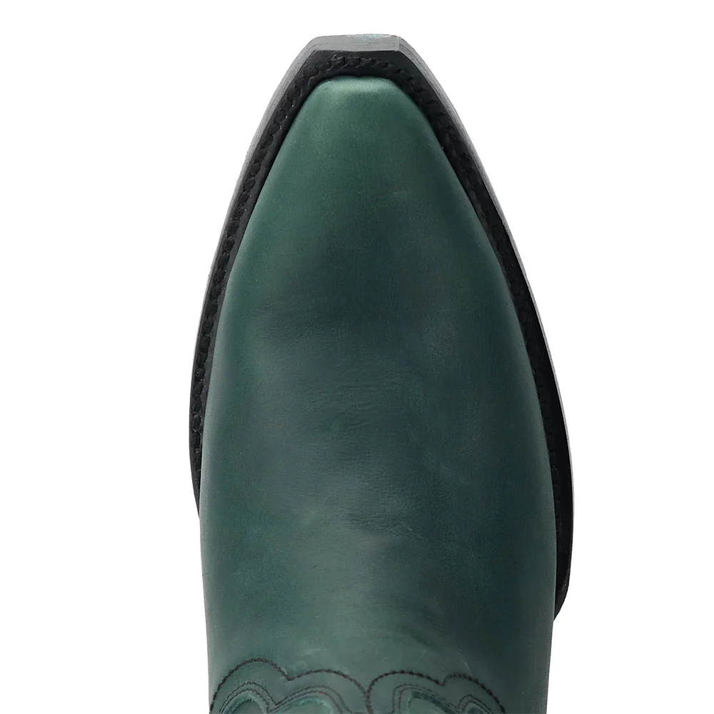 Women's Green Snip Toe Chunky Low Heel Pull On Cowgirl Boots