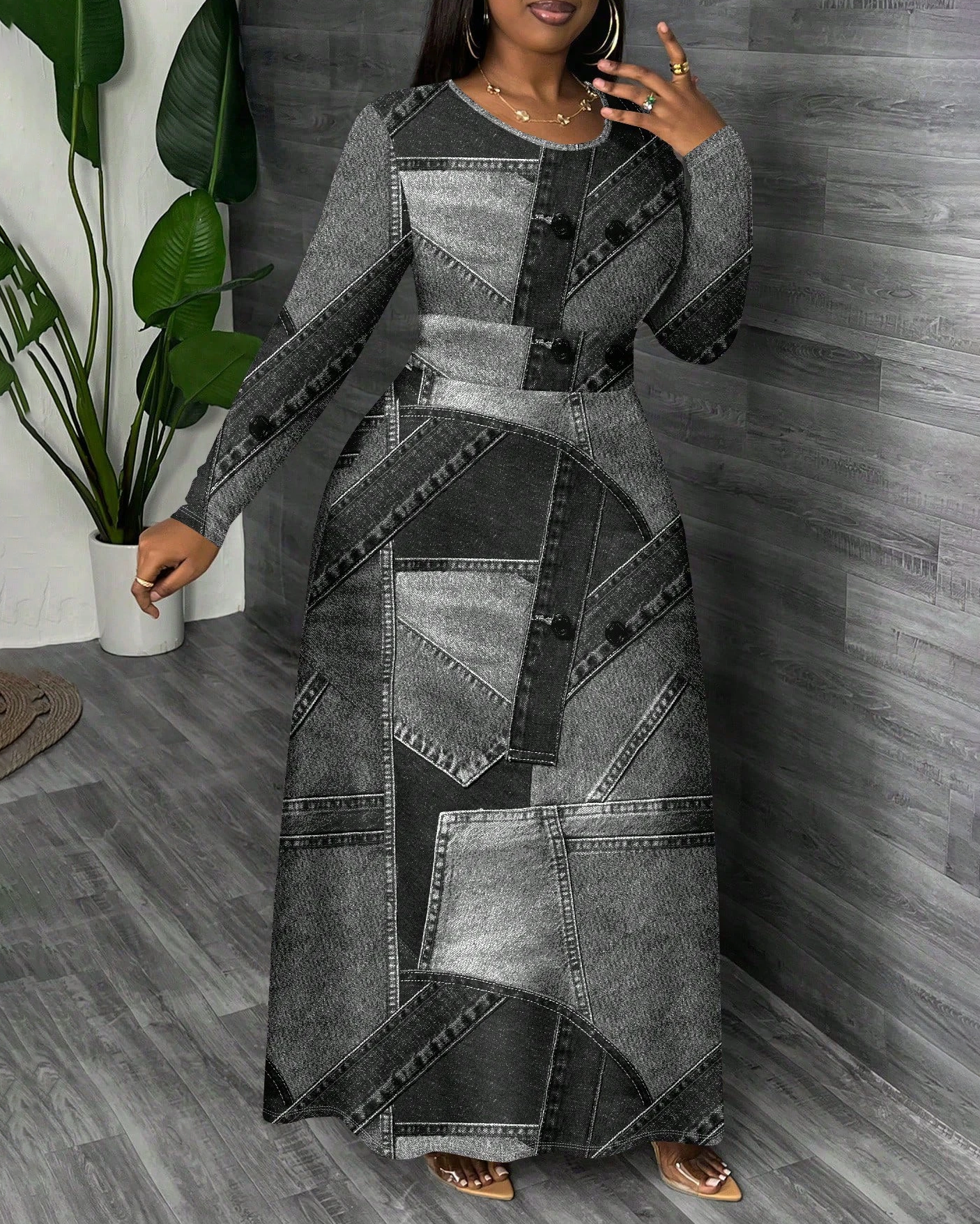 Black Denim Print Round Neck Long Sleeve Maxi Dress