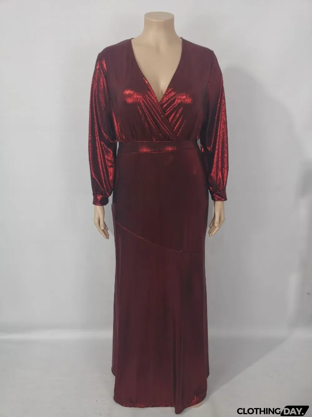 Autumn Plus Size Red Shiny V-neck Puff Sleeve Evening Gown