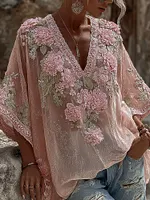 Women's Spring Floral Embroidered Art Print Flowy Linen Blend Three-quarter Sleeve Casual Tops