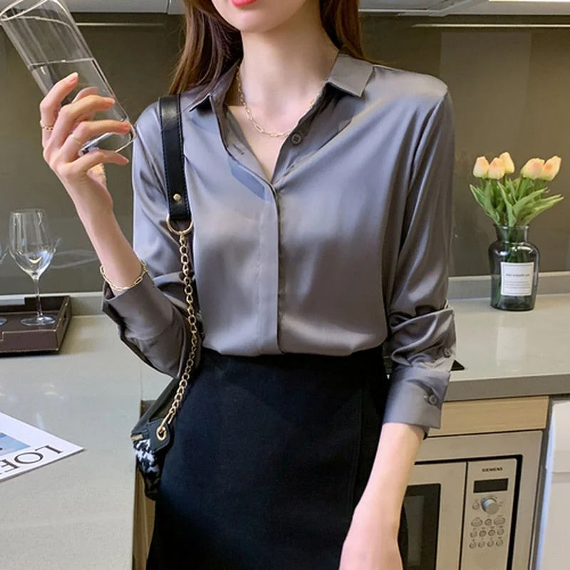 2021 Spring Office Lady Silk Blouse New Satin Shirts Women Chiffon Blouses Turn Down Collar Long Sleeve Tops Casual Loose Tops