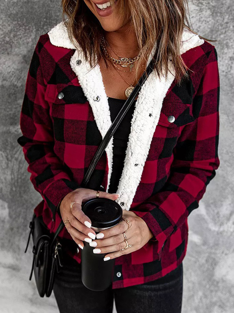Women's Fashion Warm Fleece Thick Casual Plaid Pocket Shirt Coats Windbreaker