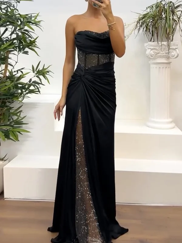 Shiny Sequinned mesh splicing asymmetrc sleeveless tube Evening Maxi Dresses