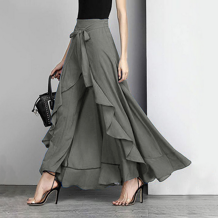 Casual High Rise Lace-Up Ruffle Chiffon Pantskirt