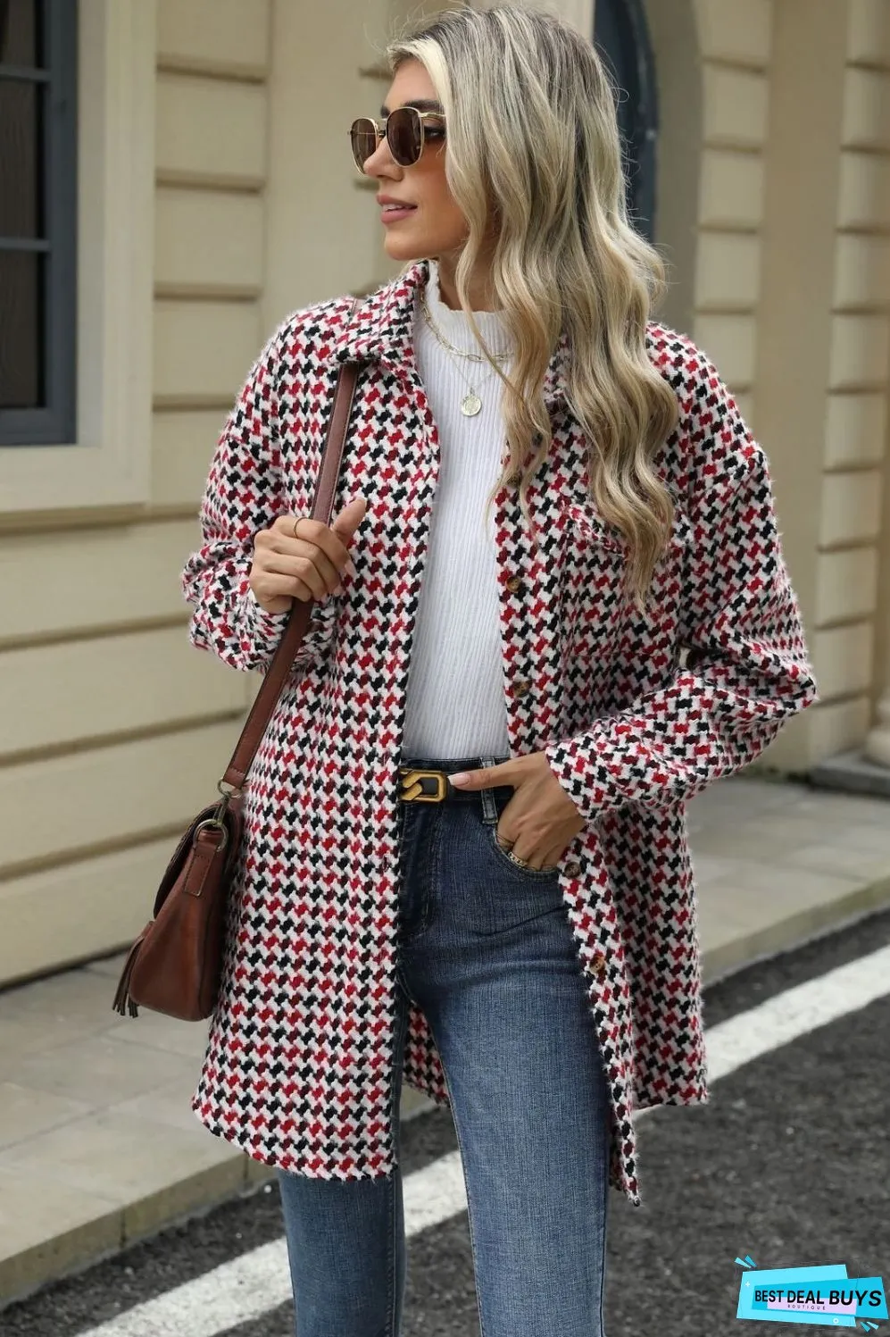 Houndstooth Button Up Dropped Shoulder Coat