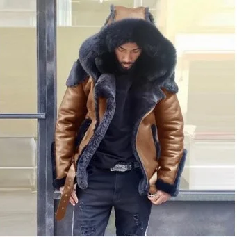 Uveng Uveng Men's Imitation Leather Plus Thick Fur One Short Zipper Coat Hooded Men's Coat