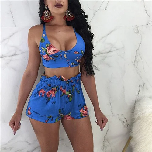 Mongw Women Summer Two Piece Set Floral Sleeveless Crop Top Shorts Outfits Summer Casual Female Set Beach Club Clothes