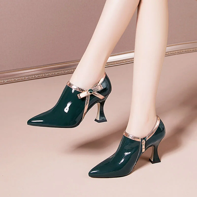 2021 NEW Fashion Spring Shoes,Women Pumps,High Heels,Patent Leather,Pointed toe,Bowtie,Side Zip,Female Footware,Black,Green
