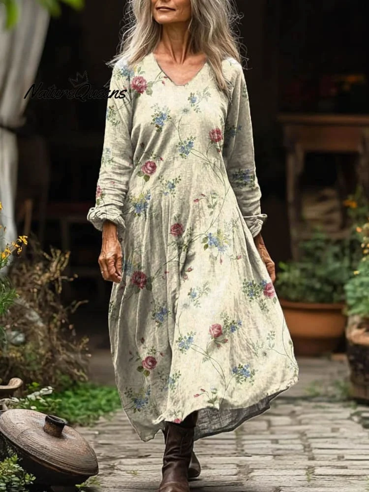 Women's Vintage Lovely Floral Art Print Pocket Cotton Dress