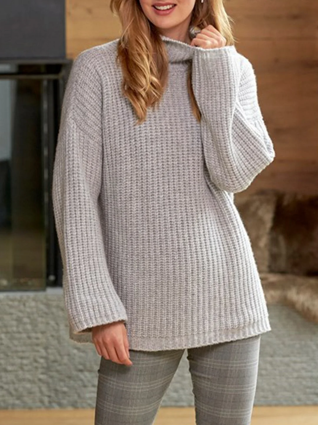 Grey Knitted Turtleneck Long Sleeve Plus Size Sweater