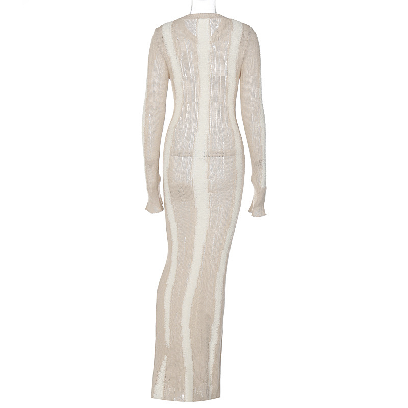 Ootddress Knitwear Hollow Out Solid Maxi Dress For Women See-Through High Waist Loose Knit Autumn Dress Fashion Elegant Party Dress