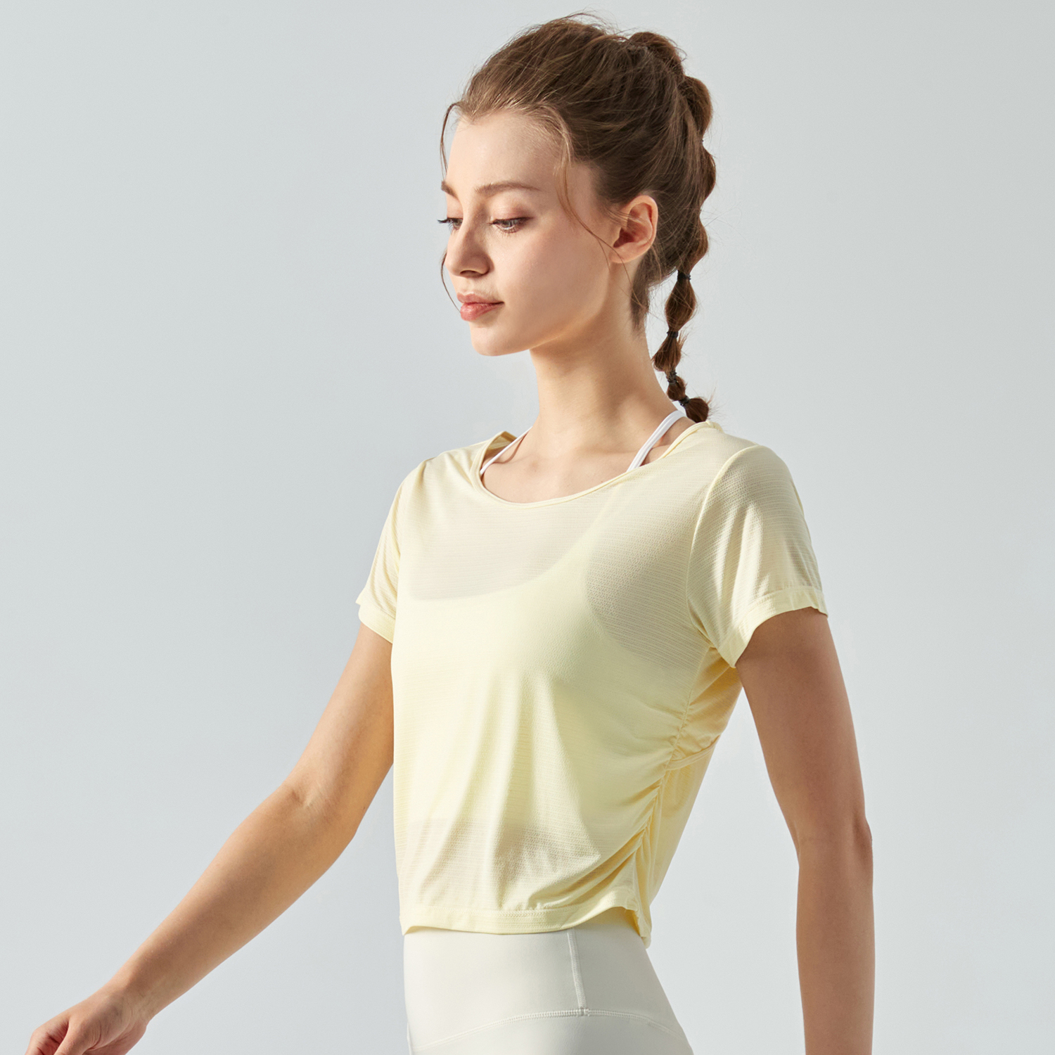 Buy dry fit open back cotton soft lightweight breathable nature eco skin friendly nylon short sleeve yoga shirt for women of high quality on Hergymclothing Buttery Yellow