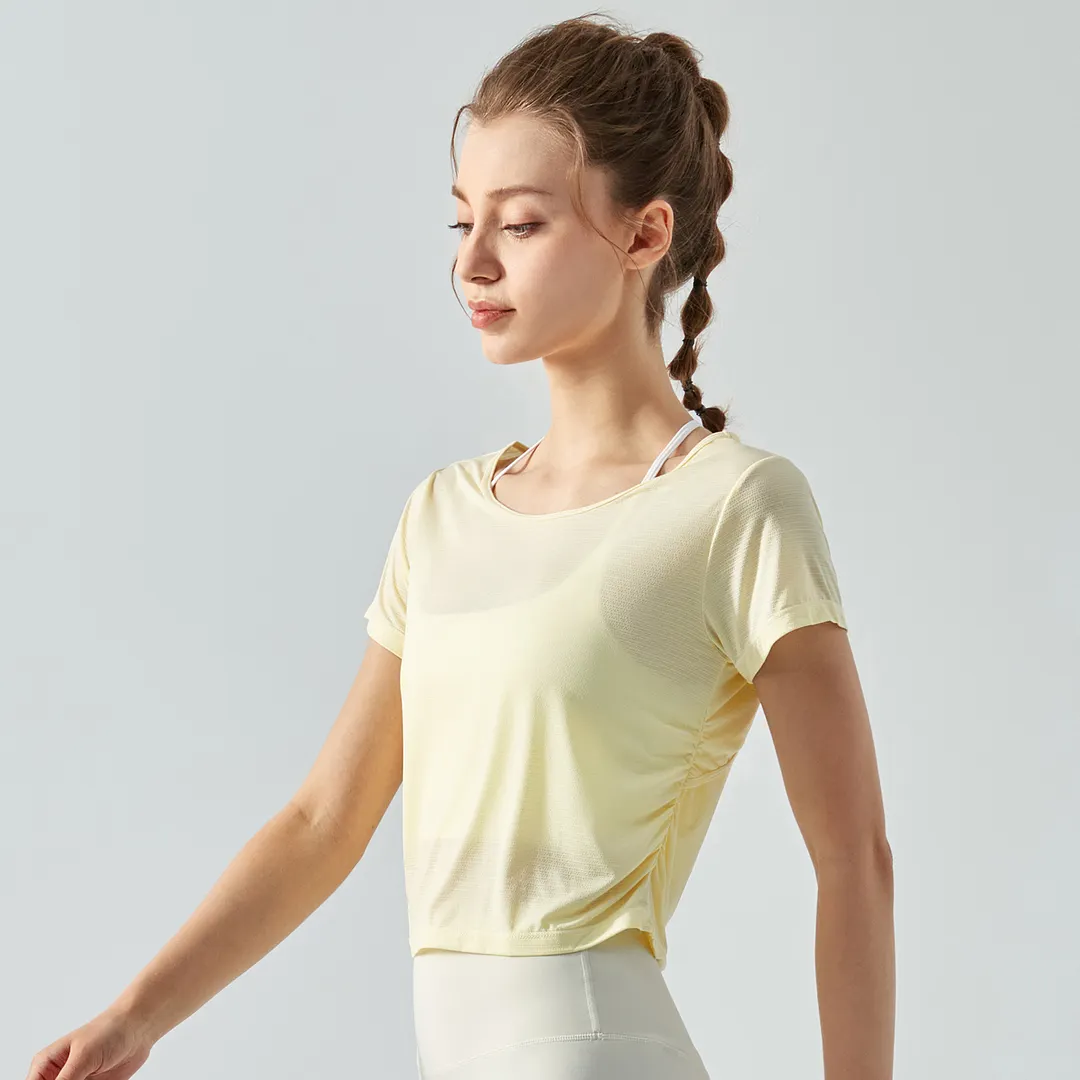 Buy dry fit open back cotton soft lightweight breathable nature eco skin friendly nylon short sleeve yoga shirt for women of high quality on Hergymclothing Buttery Yellow