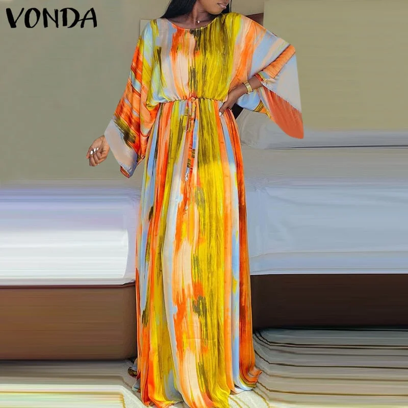 VONDA Elegant Summer Maxi Dress 2022 Women Sundress Vintage Printed Holiday Party Dress Belted Vestidos Oversized