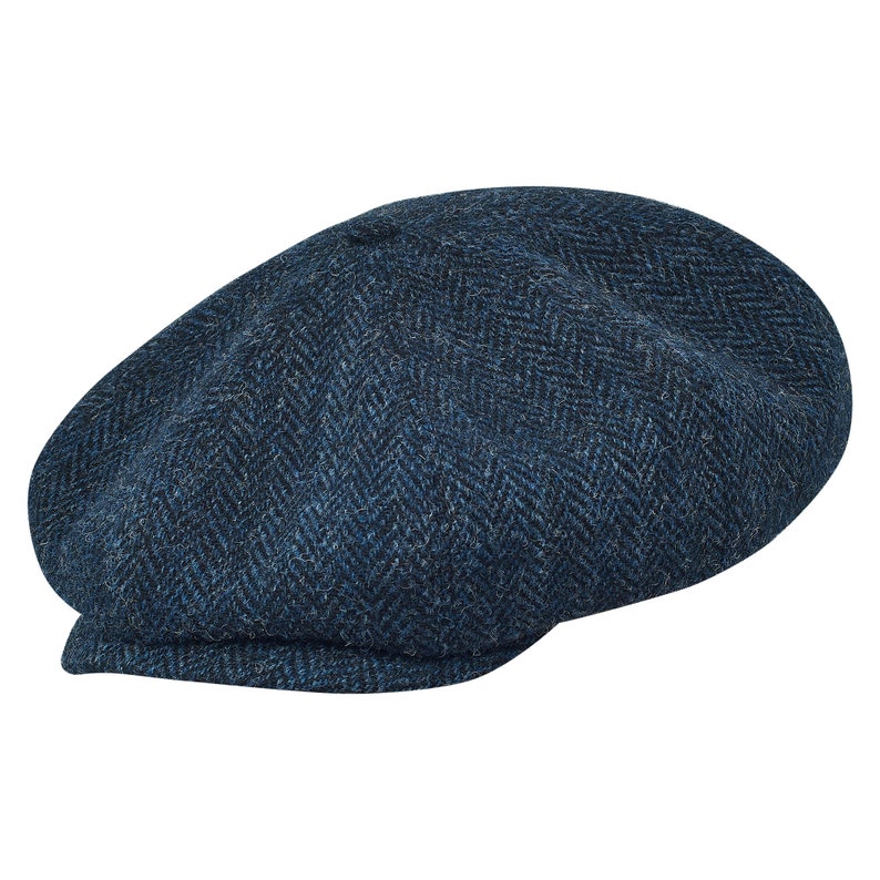 PEAKED CAPS Genuine Scottish Harris Tweed 8 Panels Newsboy Cap Apple Bandit Hooligan Blinder Hat Shelby Wool Large Crown BLUE-bLACK