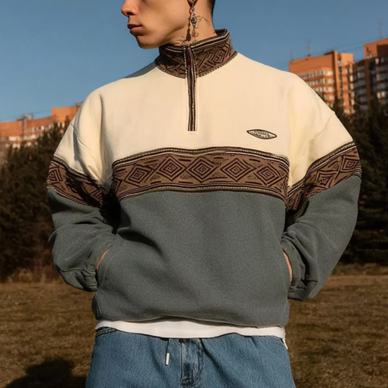 Men's Loose Casual Retro College Style Half-open Collar Stitching Printed Sweatshirt