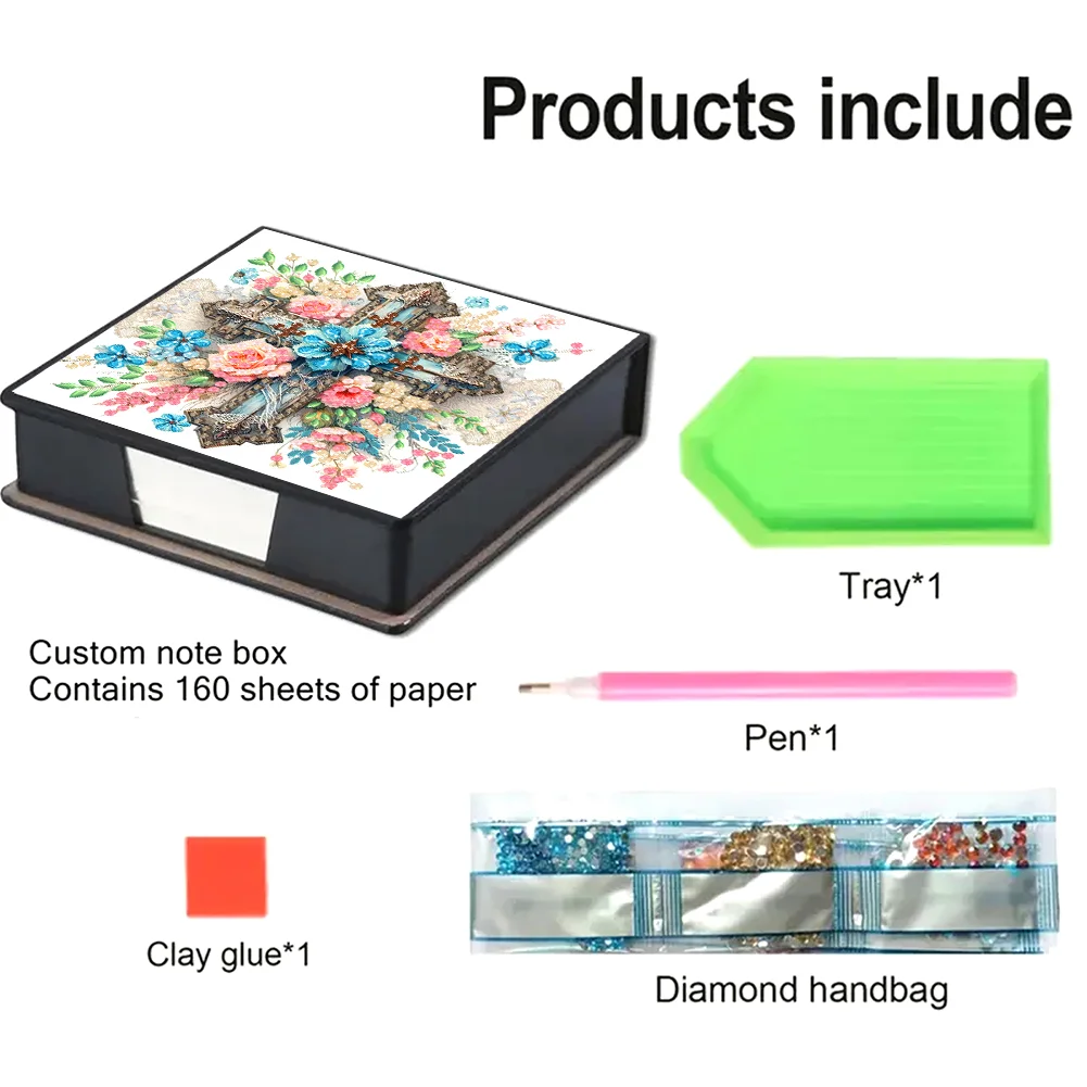 DIY Flower Cross Leather Diamond Art Note Box with 160 Sheets of Paper for Beginners