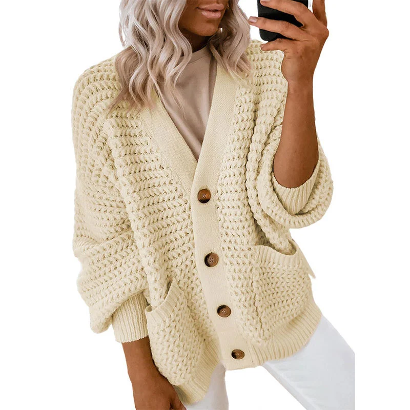 Athvotar Athvotar And Winter New Single-Dbutton V-Neck Sweater Women Loose Lantern Sleeve Jacket