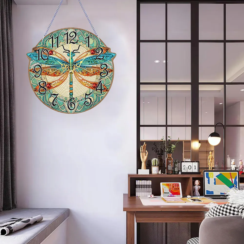 DIY Dragonfly Single-Side Wooden Special Shaped Diamond Painting Clock Art Craft Decor