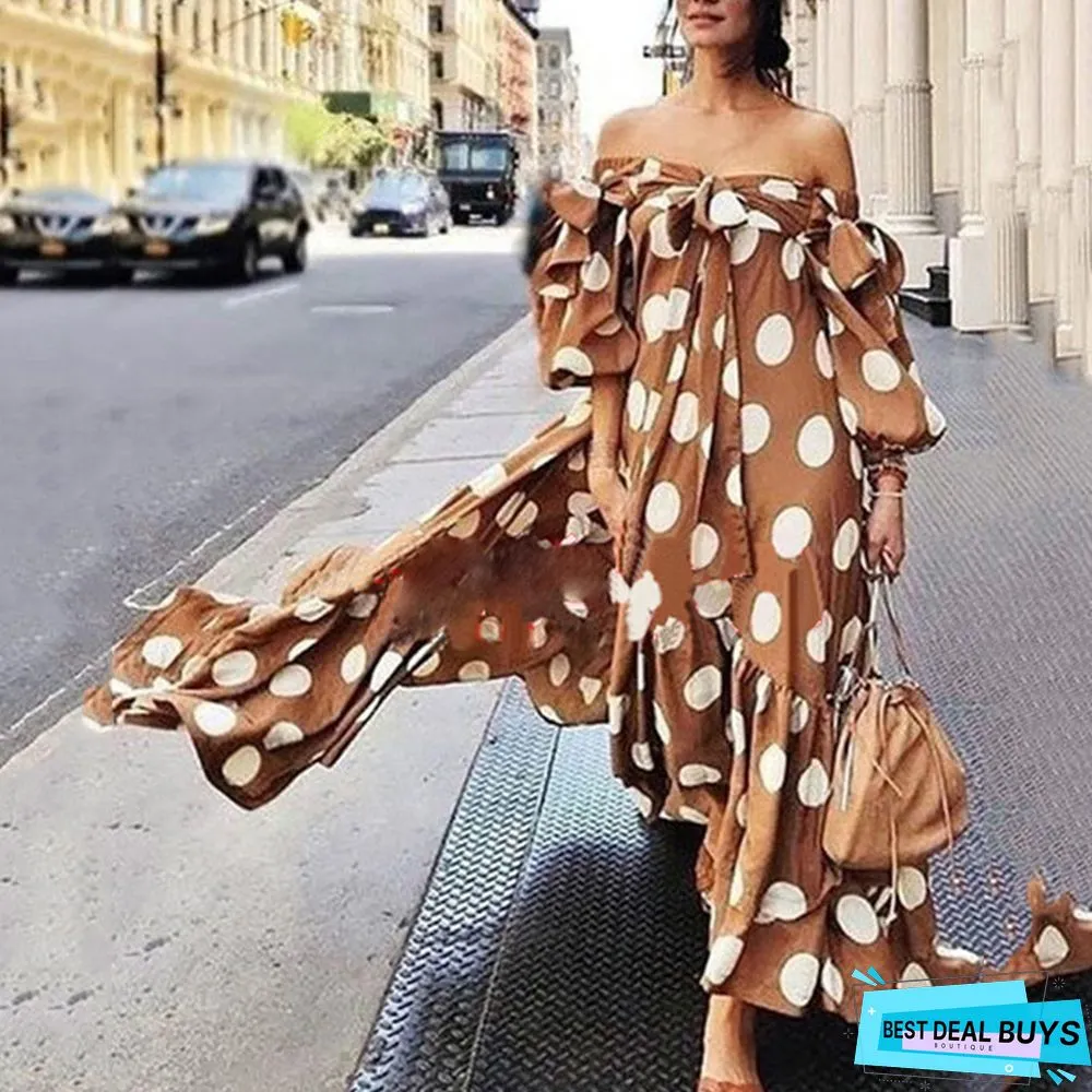 Bohemian Dress Off-The-Shoulder Polka Dot Dress Women's Casual Dress