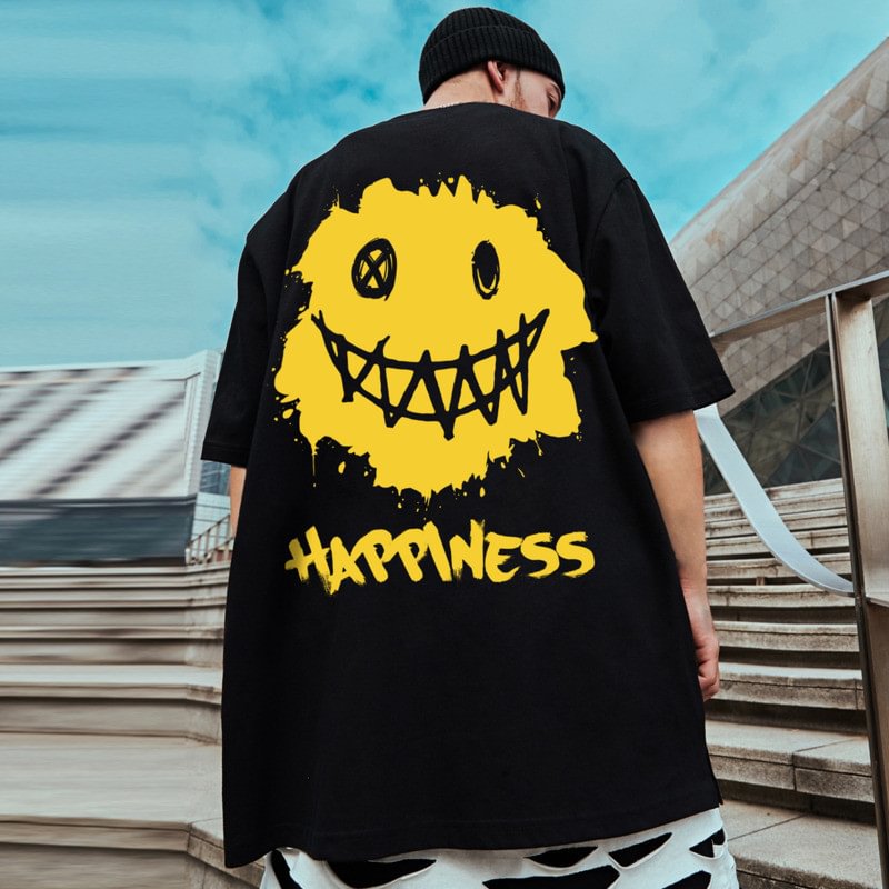 Summer Cotton Tops Tees Print Happiness Face T-shirts-VESSFUL