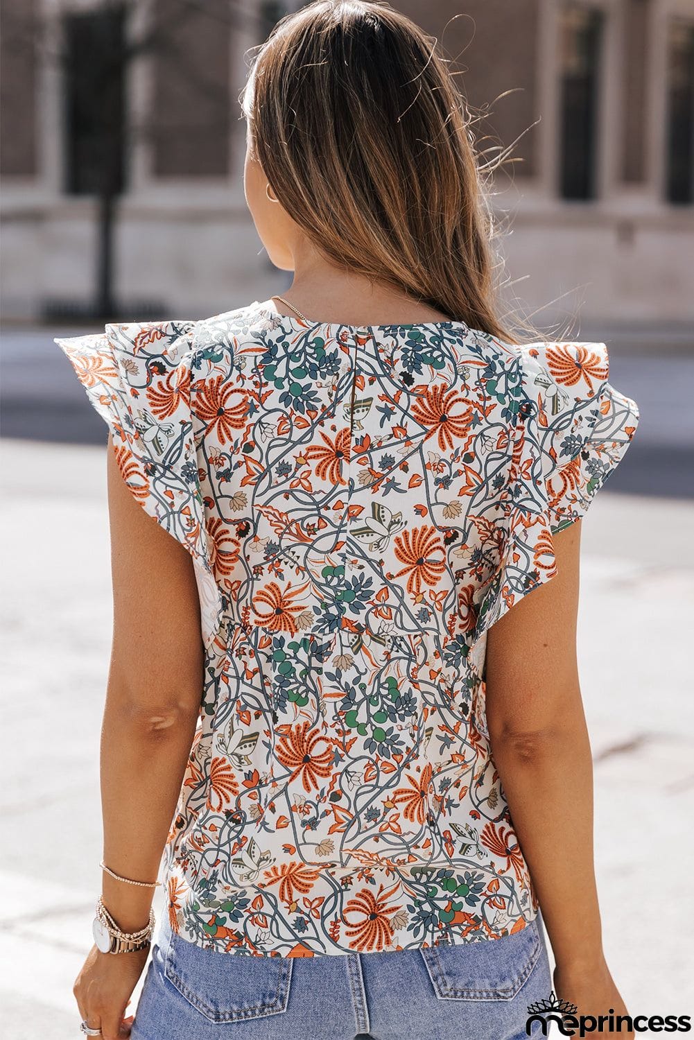 Printed Butterfly Sleeve Round Neck Blouse