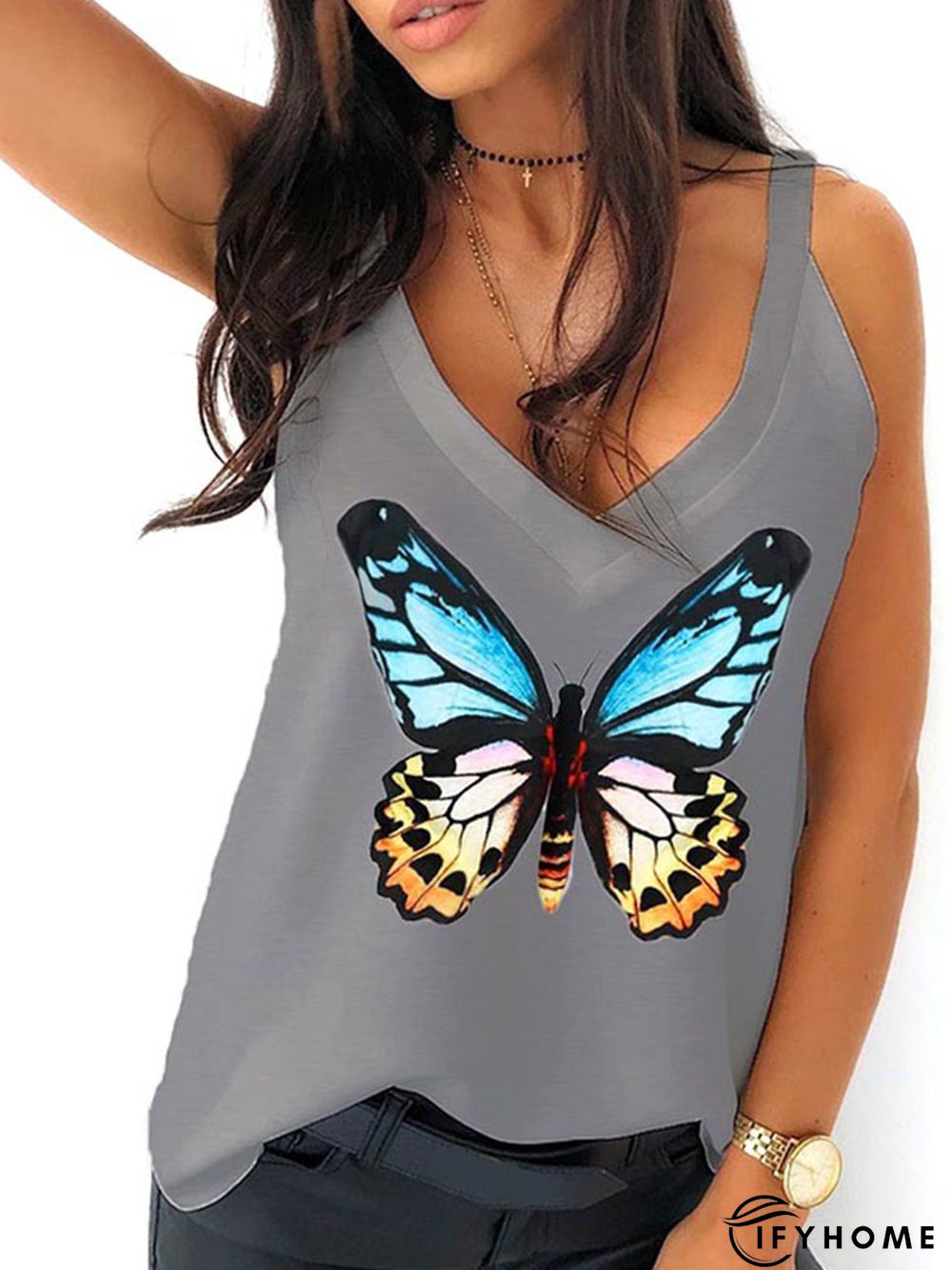 Casual Plus Size V Neck Printed Tank Tops | IFYHOME