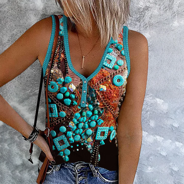 Western Print V-Neck Sleeveless Tank Top