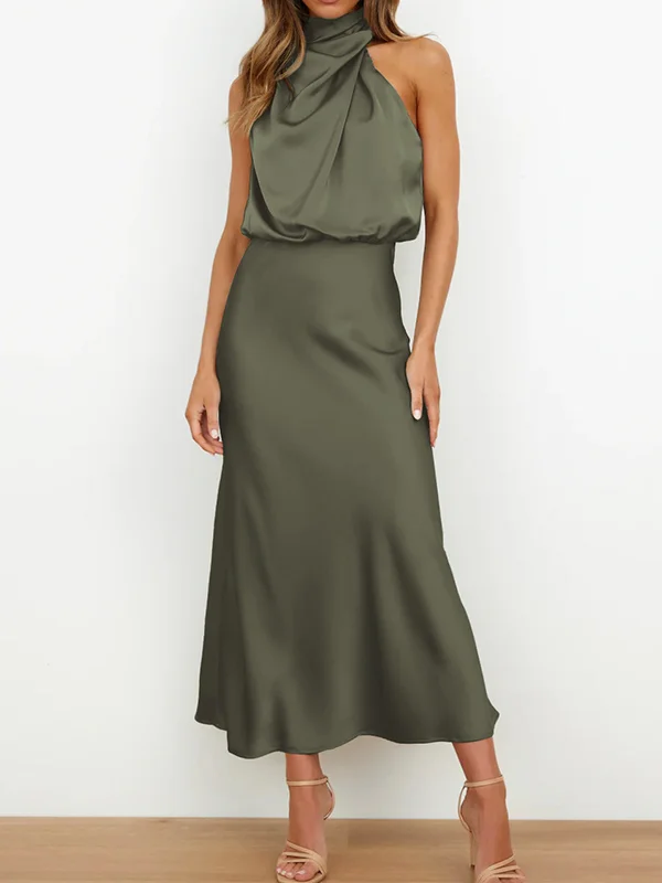 Solid Color Sleeveless Halter-Neck Midi Dresses